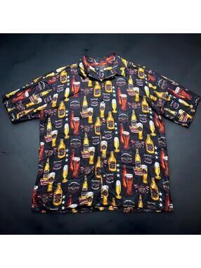 Vintage Y2K C&B Sport Beer Pub Print Button Up Shirt Mens Size M Black AOP